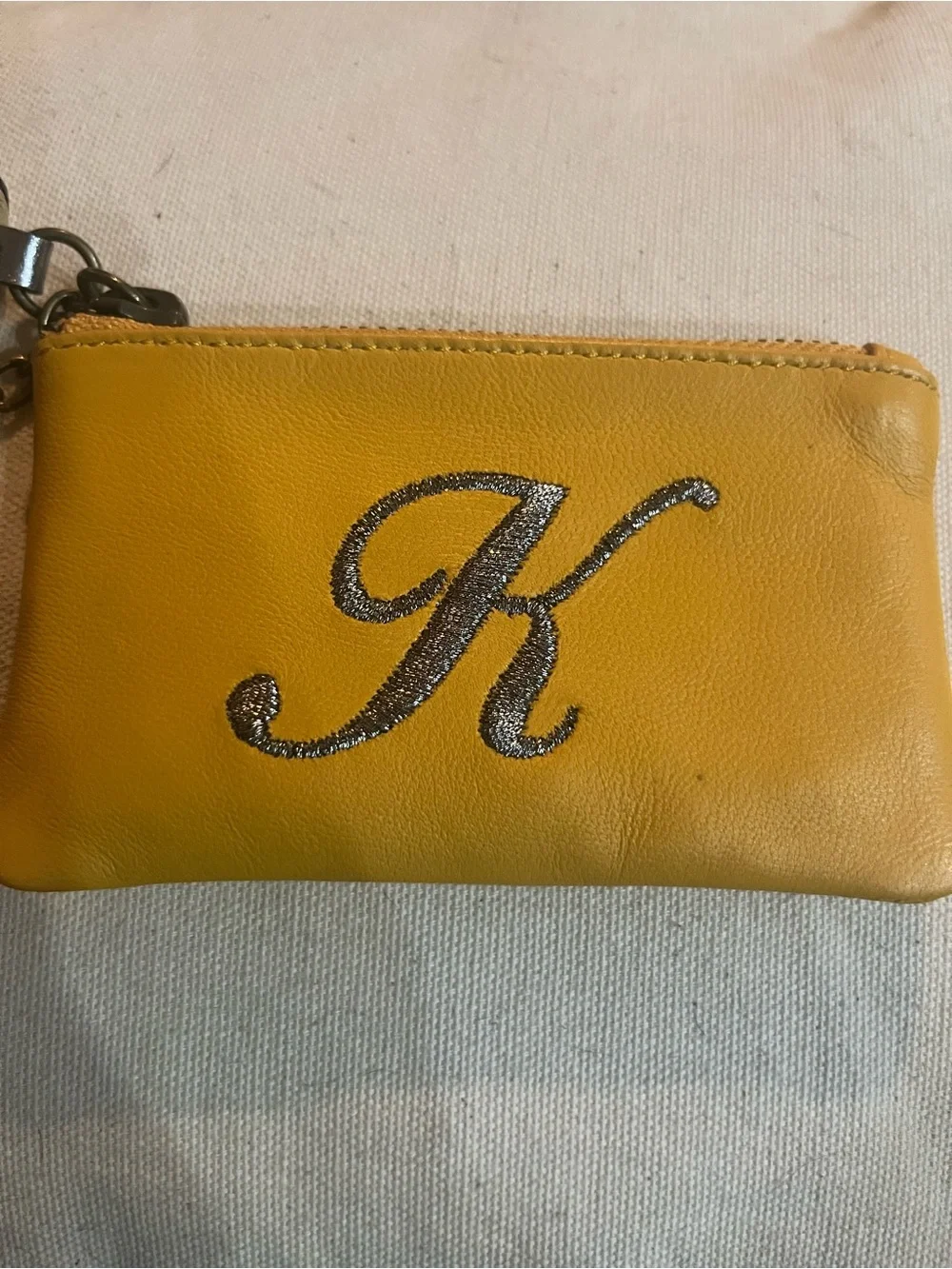 Anthropologie Monogram “K” Leather Coin Pouch Keychain Tassel Mustard Yellow NWT